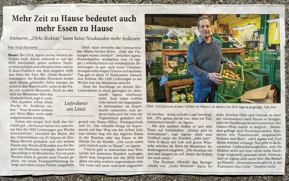 Zeitungsartikel über Dirks Bio-Kiste in der Rhein-Neckar-Zeitung am 4.3.2020