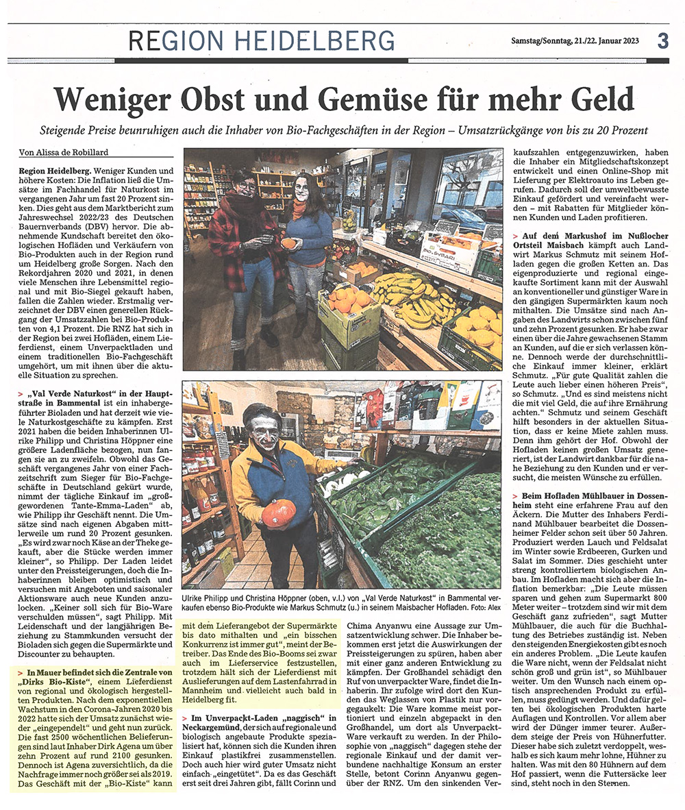 Artikel in der Rhein-Neckar-Zeitung über Umsatzeinbruch im Bio-Geschäft