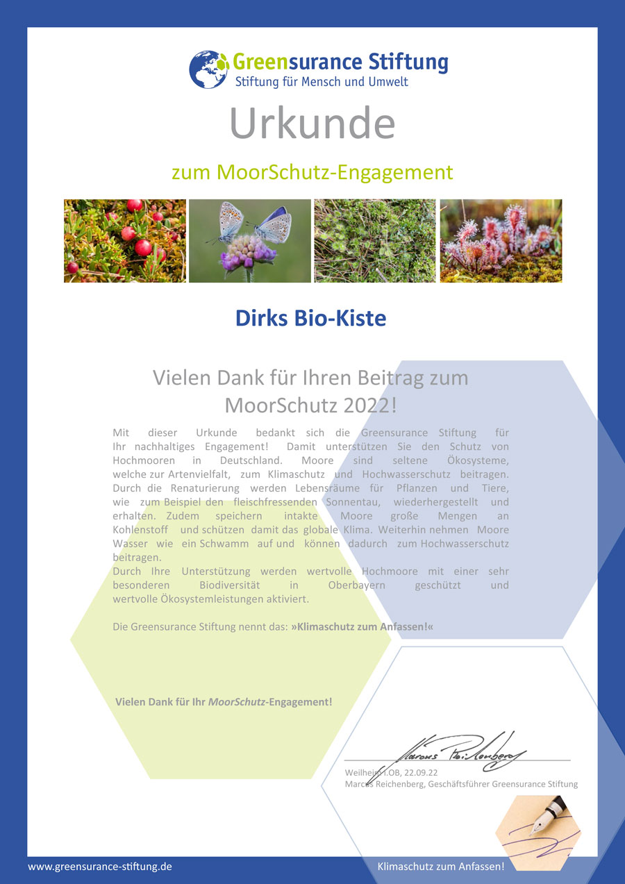 Urkunde zur Moorpatenschaft 2022